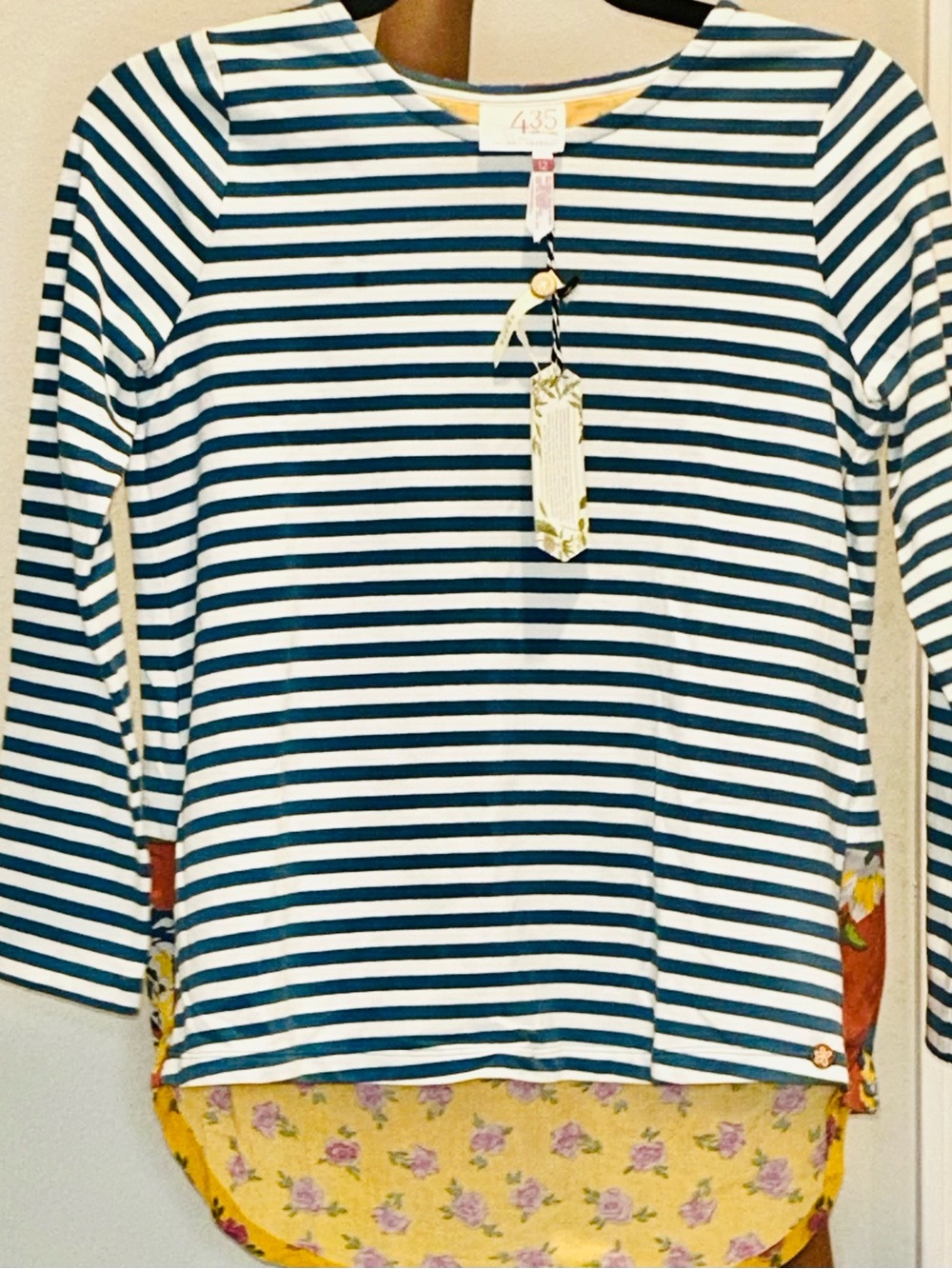 Matilda Jane Navy & White Striped Long-Sleeve Top with Yellow Floral Hem